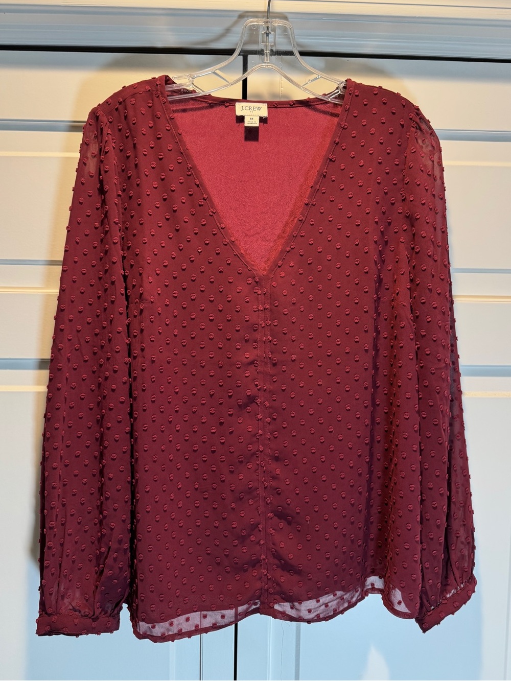 J. Crew Factory Burgundy Textured Swiss Dot V-Neck Blouse